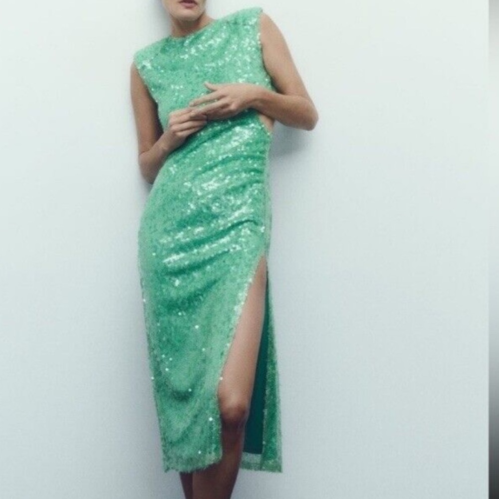 Zara NWT sea green sequin midi cut out dress 7990/908 - Picture 2 of 10
